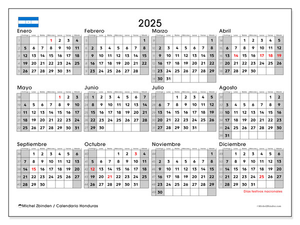Kalender om af te drukken, annuel 2025, Honduras (DS)