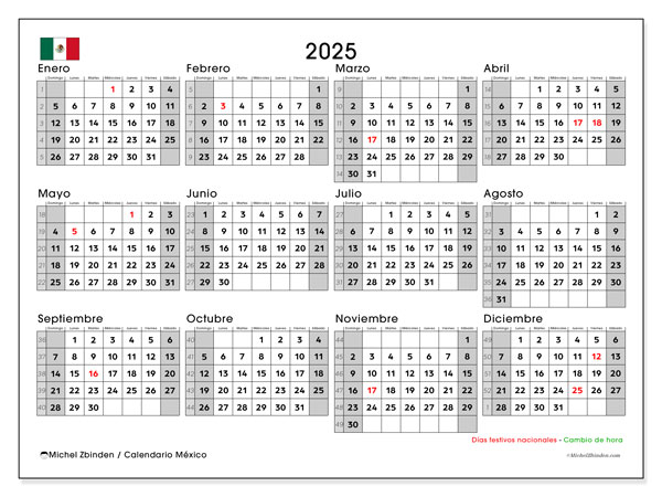 Kalender for utskrift, årlig 2025, Mexico (DS)