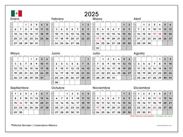 Kalender att skriva ut, årlig 2025, Mexiko (LD)