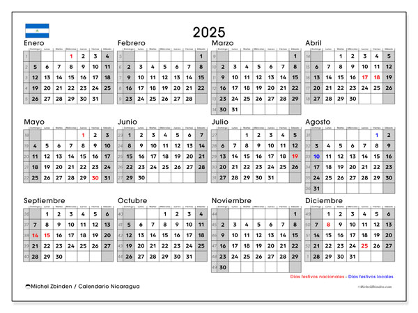 Kalender for utskrift, årlig 2025, Nicaragua (DS)