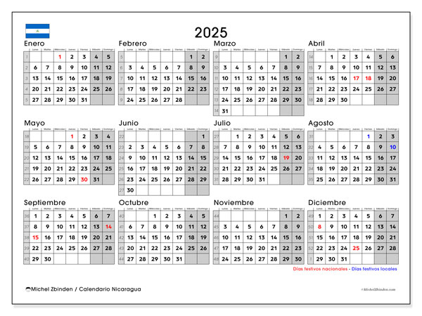 Kalender for utskrift, årlig 2025, Nicaragua (LD)