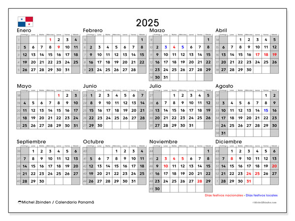 Calendario para imprimir, anual 2025, Panamá (DS)