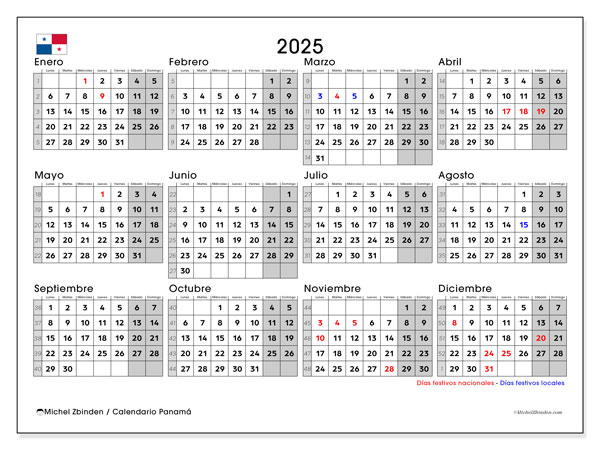 Calendario para imprimir, anual 2025, Panamá (LD)