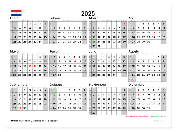 Kalender att skriva ut, årlig 2025, Paraguay (DS)