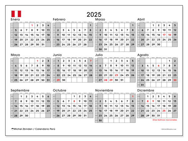 Calendario da stampare, annuale 2025, Perù (DS)