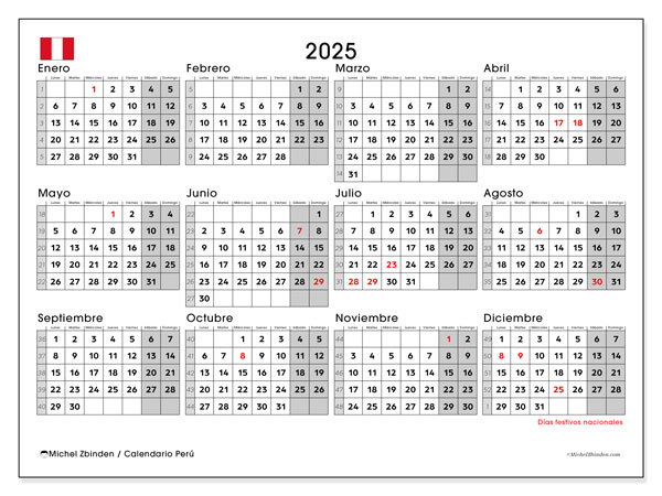 Kalender for utskrift, årlig 2025, Peru (LD)