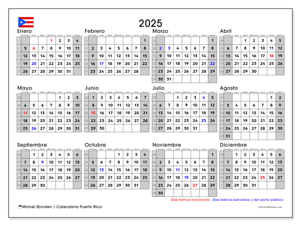 Kalendarz do druku, roczny 2025, Puerto Rico