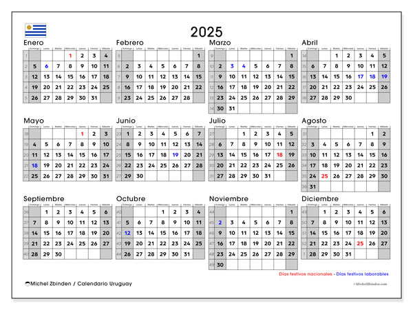 Calendario da stampare, annuale 2025, Uruguay (DS)