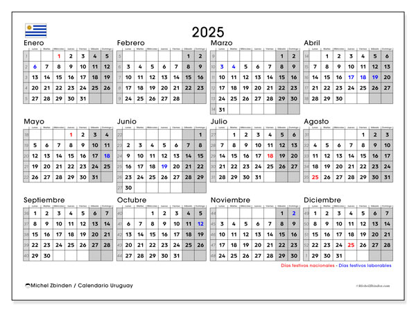 Kalender zum Ausdrucken, Jahrlich 2025, Uruguay (LD)
