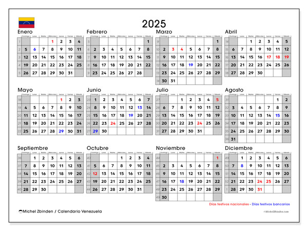 Kalender for utskrift, årlig 2025, Venezuela (DS)
