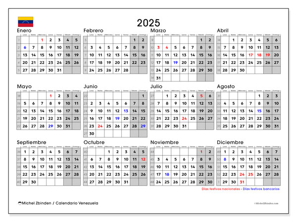 Calendrier à imprimer, anual 2025, Venezuela (LD)