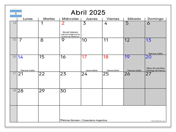 Kalender zum Ausdrucken, April 2025, Argentinien (LD)