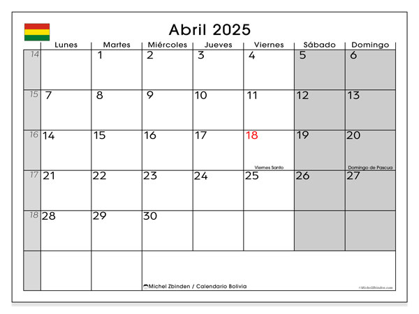Calendario aprile 2025 “Bolivia”. Programma da stampare gratuito.. Da lunedì a domenica