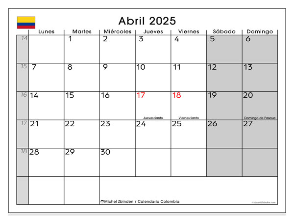 Tulostettava kalenteri, huhtikuu 2025, Kolumbia (LD)