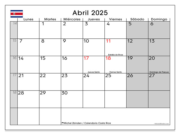 Kalender att skriva ut, april 2025, Costa Rica (LD)