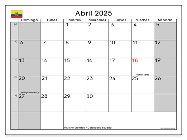 Calendario aprile 2025 “Ecuador”. Piano da stampare gratuito.. Da domenica a sabato
