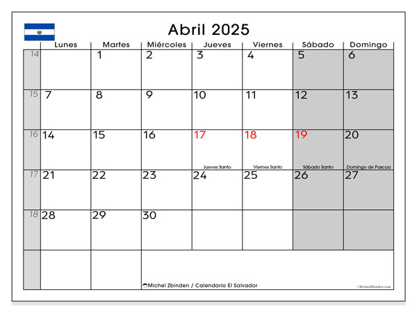 Calendario aprile 2025 “El Salvador”. Calendario da stampare gratuito.. Da lunedì a domenica
