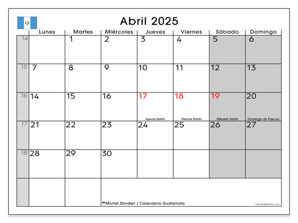 Kalender zum Ausdrucken, April 2025, Guatemala (LD)