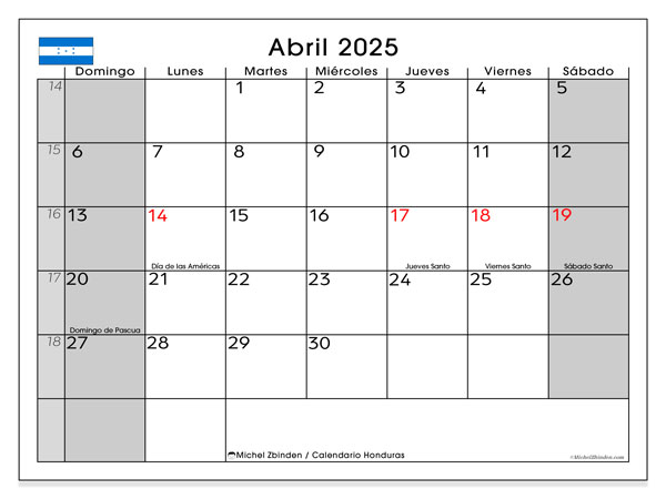 Calendario aprile 2025 “Honduras”. Programma da stampare gratuito.. Da domenica a sabato