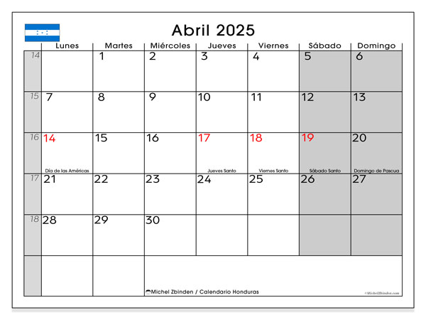 Kalender April 2025 “Honduras”. Kalender zum Ausdrucken kostenlos.. Montag bis Sonntag