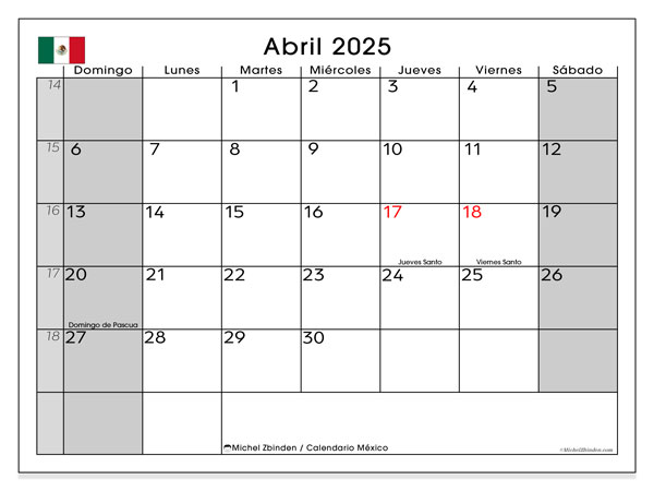 Tulostettava kalenteri, huhtikuu 2025, Meksiko (DS)