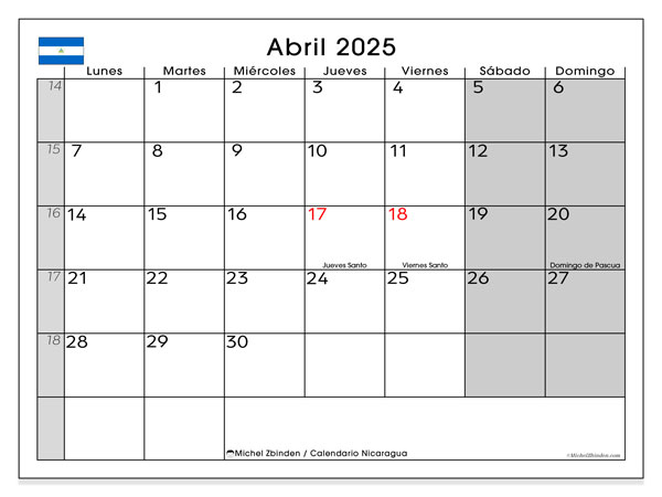 Kalender april 2025 “Nicaragua”. Gratis plan til print.. Mandag til søndag