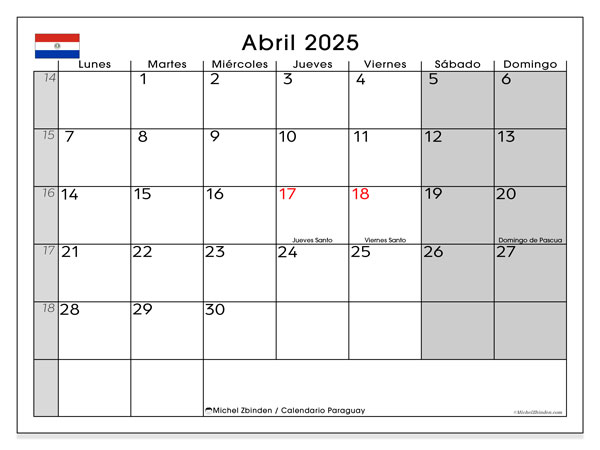 Tulostettava kalenteri, huhtikuu 2025, Paraguay (LD)
