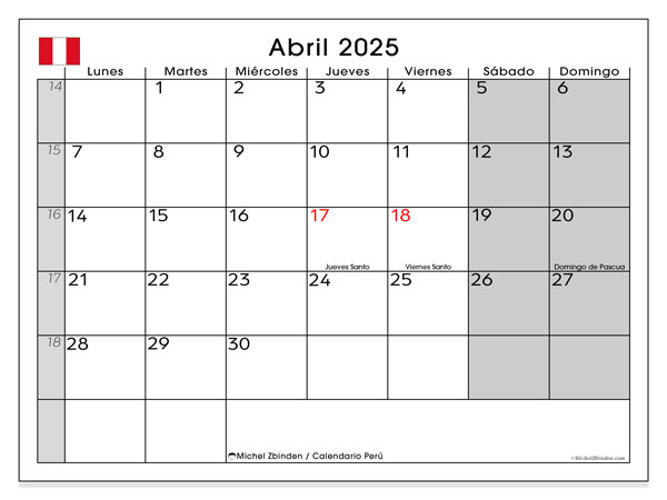 Calendario aprile 2025 “Perù”. Orario da stampare gratuito.. Da lunedì a domenica