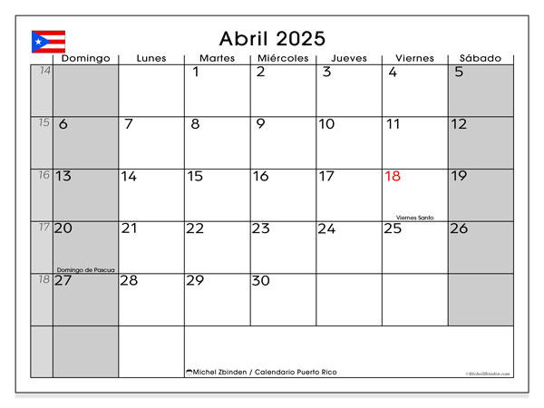 Kalender april 2025 “Puerto Rico”. Gratis kalender til print.. Søndag til lørdag