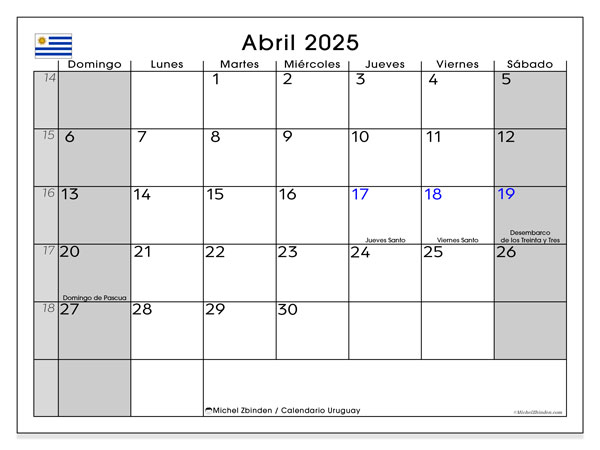 Kalender april 2025 “Uruguay”. Gratis afdrukbare kalender.. Zondag tot zaterdag