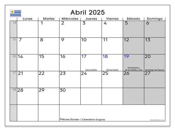 Kalender april 2025 “Uruguay”. Gratis afdrukbare kalender.. Maandag tot zondag