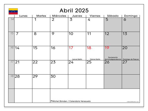 Kalender zum Ausdrucken, April 2025, Venezuela (LD)