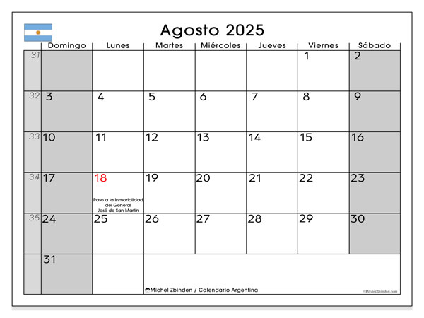 Kalender for utskrift, august 2025, Argentina (DS)