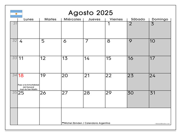 Kalender til udskrivning, august 2025, Argentina (LD)