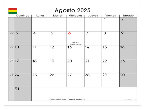 Kalender til udskrivning, august 2025, Bolivia (DS)