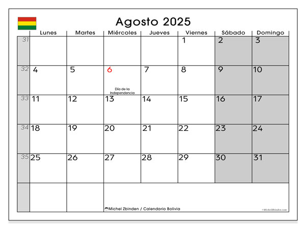 Kalender til udskrivning, august 2025, Bolivia (LD)