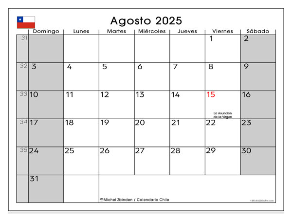 Kalender om af te drukken, augustus 2025, Chili (DS)