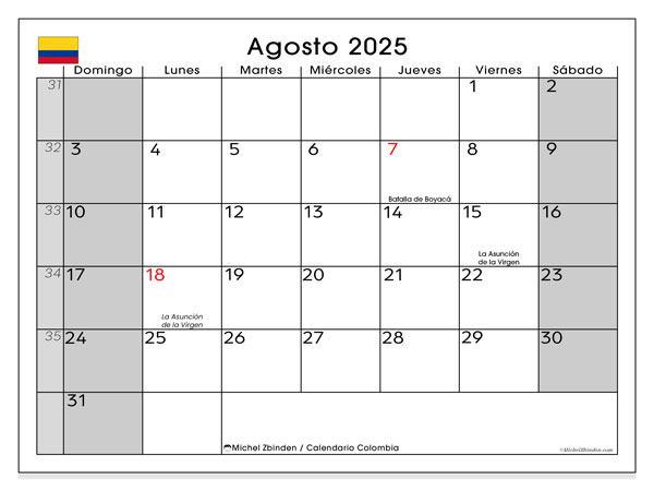 Tulostettava kalenteri, elokuu 2025, Kolumbia (DS)
