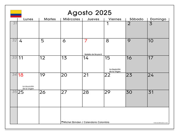 Kalender for utskrift, august 2025, Colombia (LD)