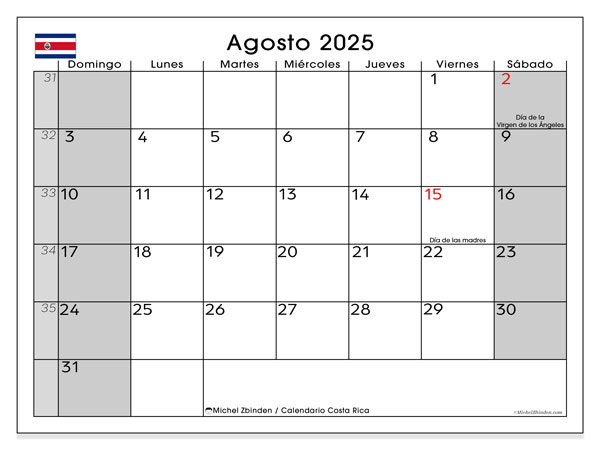 Tulostettava kalenteri, elokuu 2025, Costa Rica (DS)