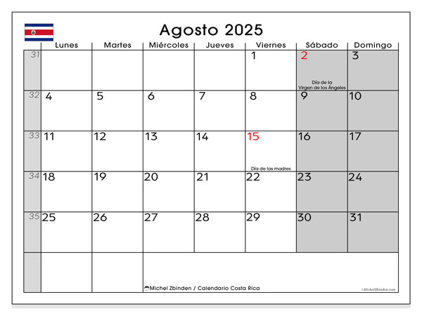 Calendario da stampare, agosto 2025, Costa Rica (LD)