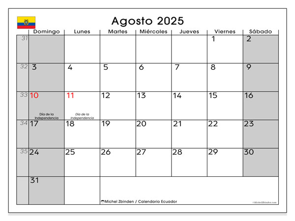 Kalender til udskrivning, august 2025, Ecuador (DS)