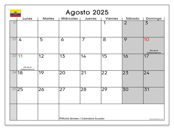 Kalender til udskrivning, august 2025, Ecuador (LD)