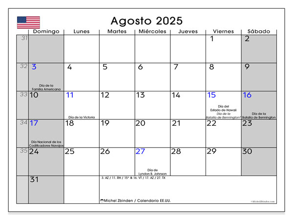 Tulostettava kalenteri, elokuu 2025, Yhdysvallat (ES)
