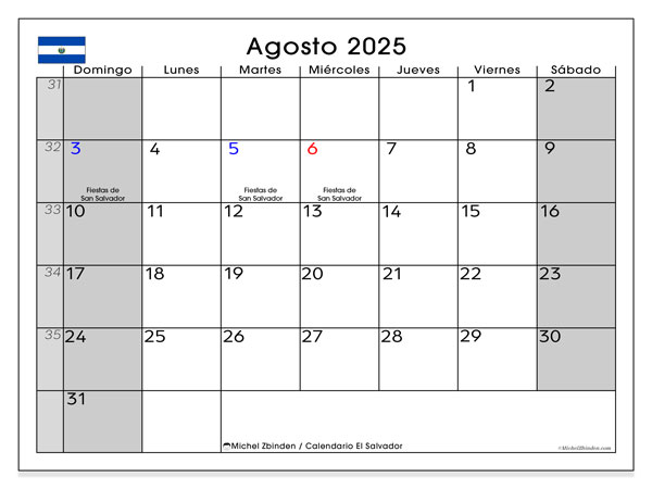 Calendario da stampare, agosto 2025, El Salvador (DS)