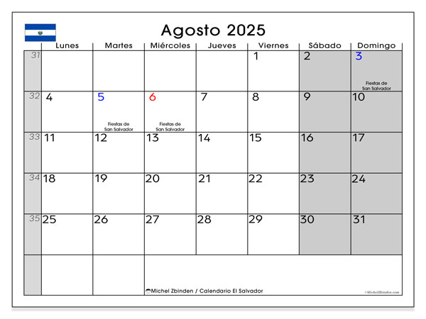 Kalender til udskrivning, august 2025, El Salvador (LD)