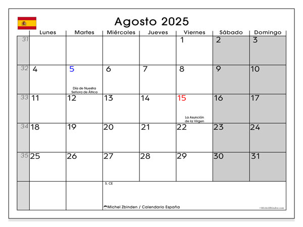 Calendario para imprimir, agosto 2025, España
