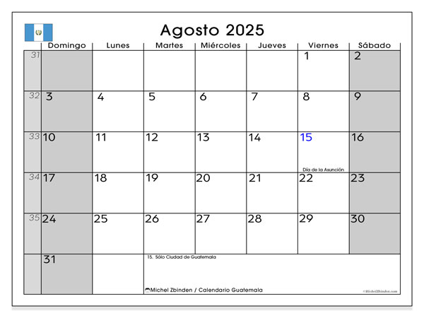 Tulostettava kalenteri, elokuu 2025, Guatemala (DS)