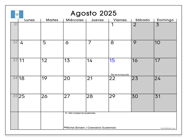Kalender til udskrivning, august 2025, Guatemala (LD)
