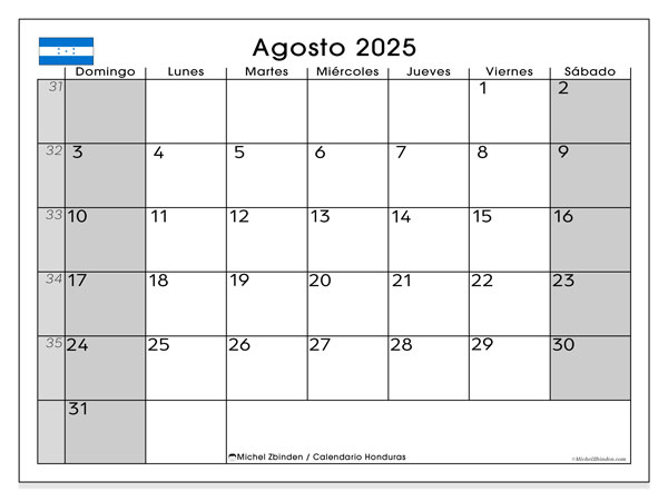 Tulostettava kalenteri, elokuu 2025, Honduras (DS)